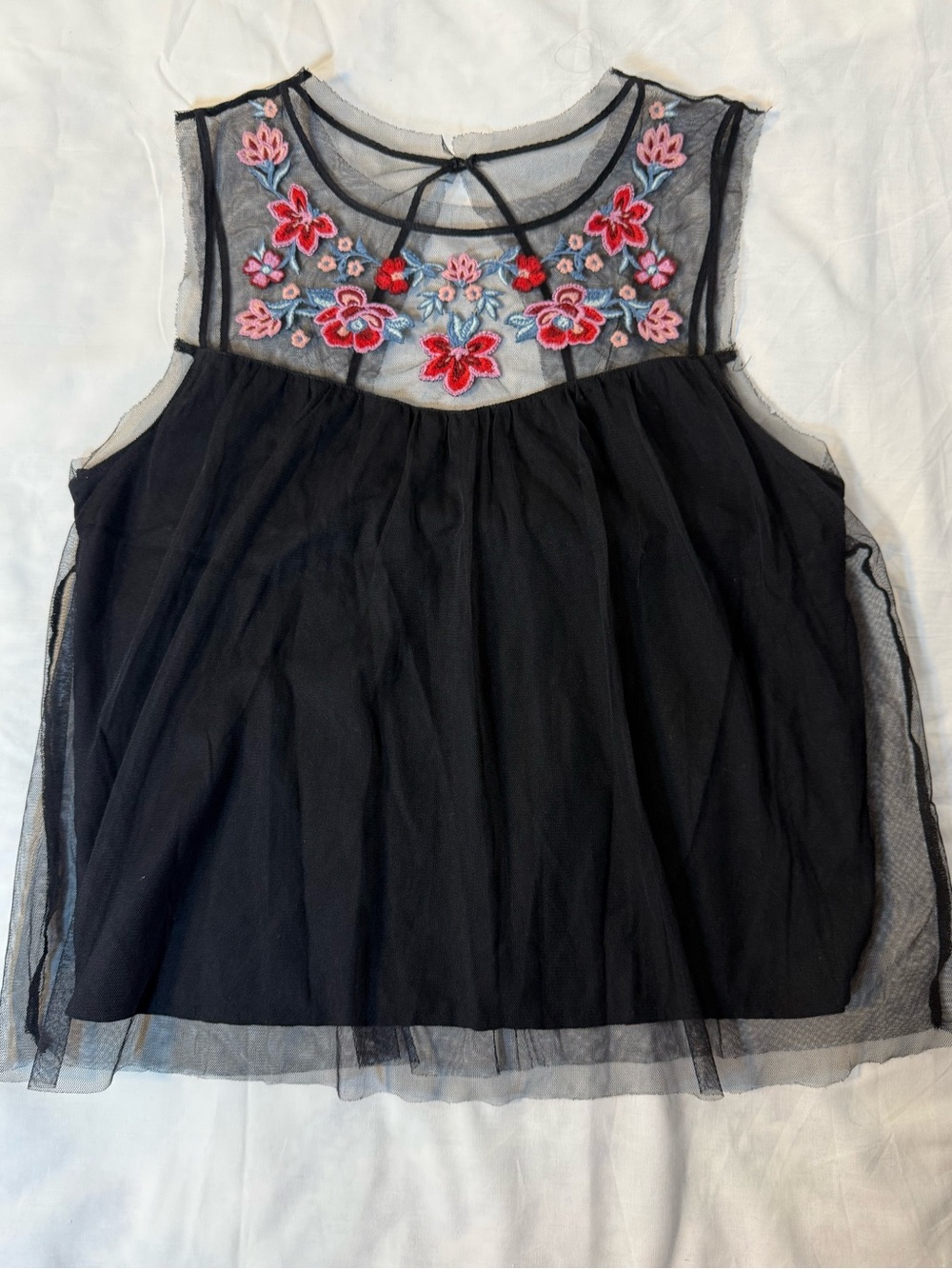 Hollister Black Sheer Yoke Tank with Pink and Red Floral Embroidery Small